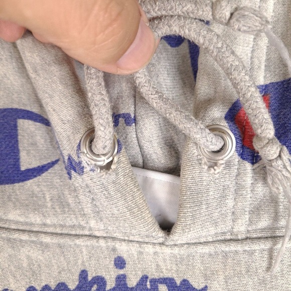 Champion Reverse Weave Hoodie Sweatshirt Mens Large All Over Print Spellout Gray - Picture 8 of 16